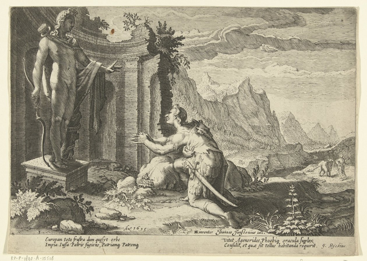 Cadmus frågar oraklet i Delphi vad han ska göra nu när han inte har kunnat hitta sin syster Europa Ovidius metamorfoser (serietitel) av Hendrick Goltzius (workshop of)