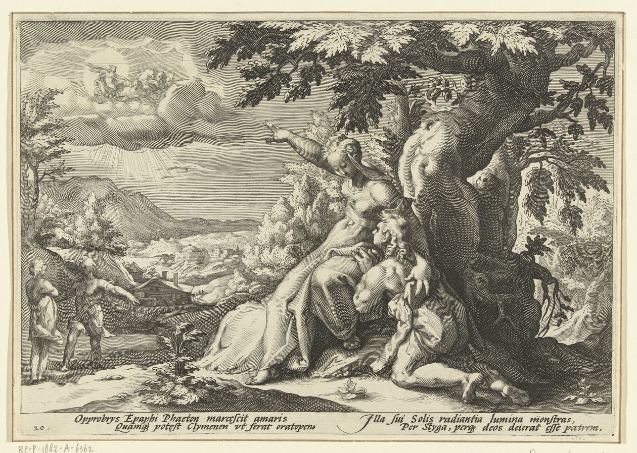 Clymene visar Phaethon sin far, solguden Ovidius metamorfoser (serietitel) av Hendrick Goltzius (workshop of)