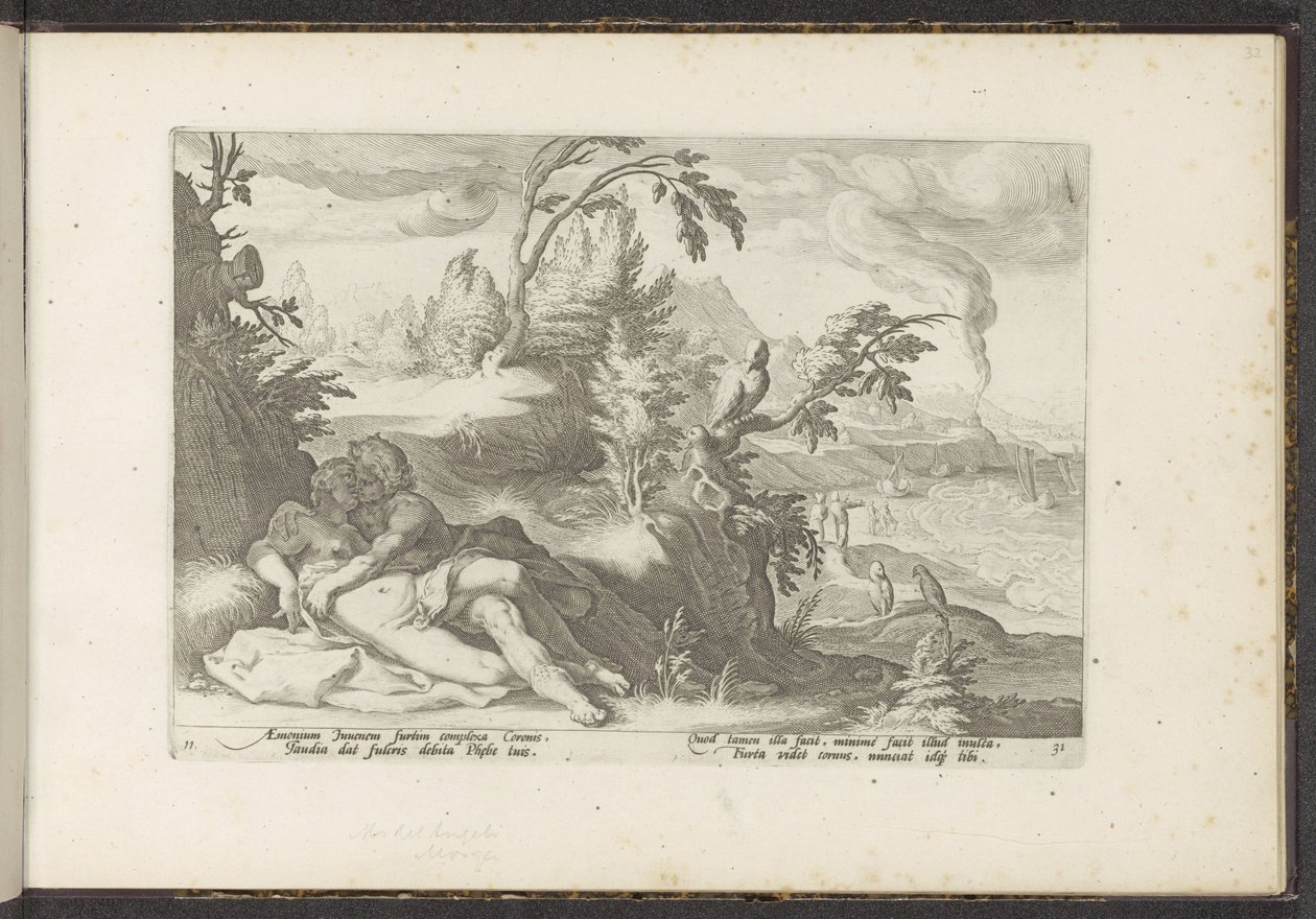 Corvus fångar flickan Coronis Ovidius metamorfoser (serietitel) Återskapanden av P. Ovidius Naso (serietitel) av Hendrick Goltzius (workshop of)