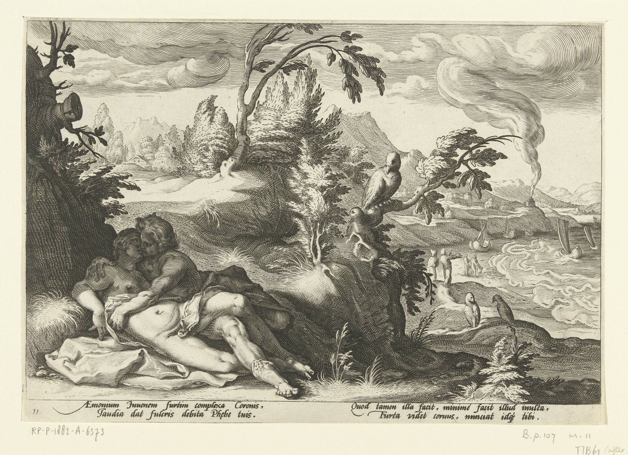 Corvus fångar flickan Coronis Ovidius metamorfoser (serietitel) av Hendrick Goltzius (workshop of)