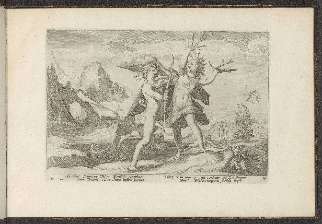 Daphne förvandlas till ett lagerträd Ovidius metamorfoser (serietitel) Återskapanden av P. Ovidius Naso (serietitel) av Hendrick Goltzius (workshop of)
