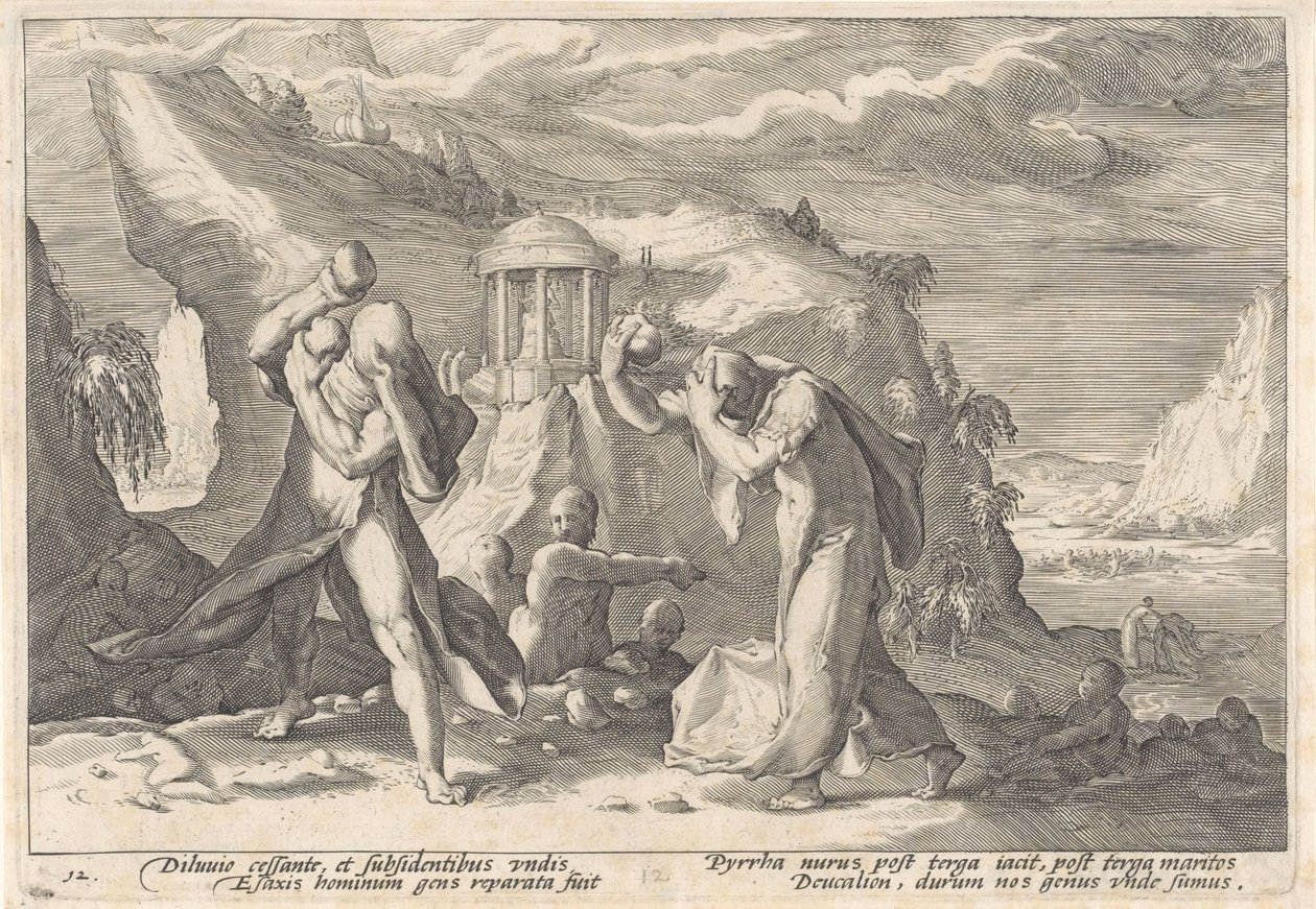 Deucalion och Pyrrha skapar en ny ras av människor Ovidius metamorfoser (serietitel) av Hendrick Goltzius (workshop of)