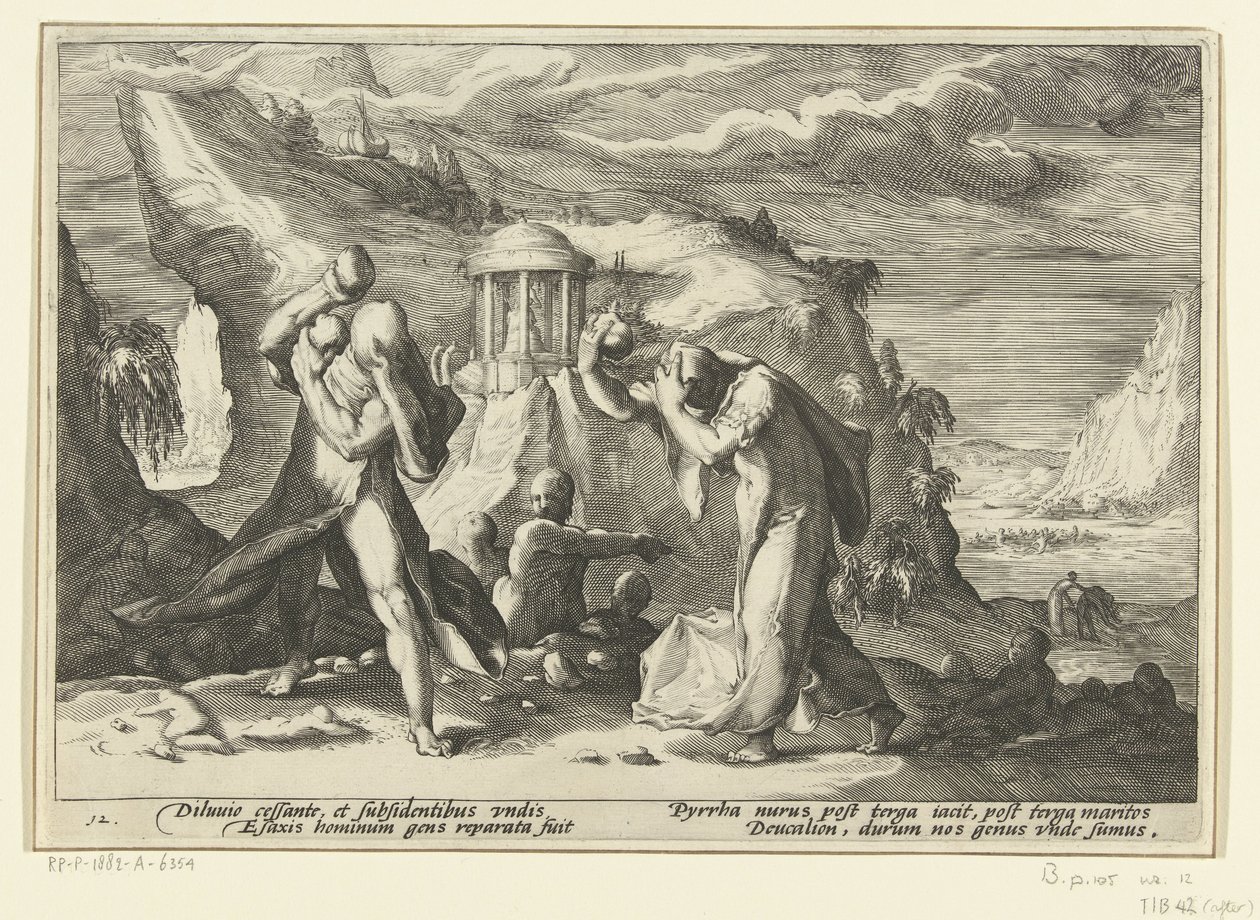 Deucalion och Pyrrha skapar en ny mänsklig ras Ovidius metamorfoser (serietitel) av Hendrick Goltzius (workshop of)