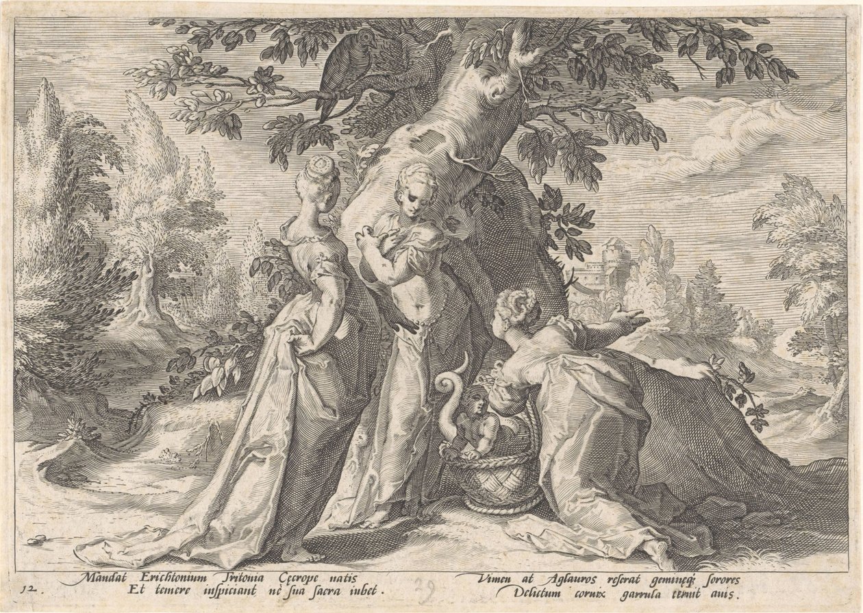 Cecrops döttrar öppnar Minerva .s korg Metamorphoses of Ovid (serietitel) av Hendrick Goltzius (workshop of)