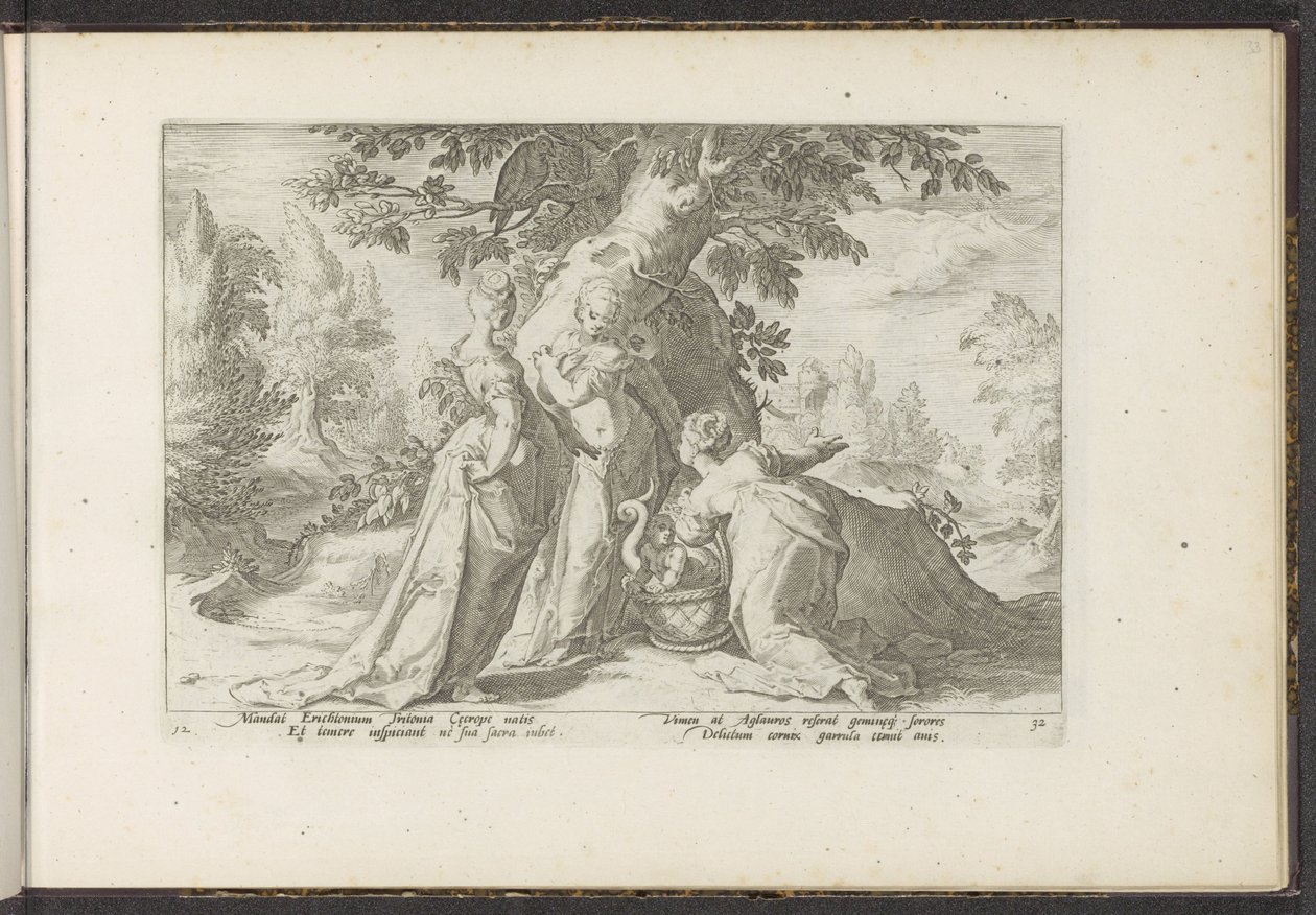 Cecrops döttrar öppnar Minerva .s korg Ovidius metamorfoser (serietitel) Återskapanden av P. Ovidius Naso (serietitel) av Hendrick Goltzius (workshop of)