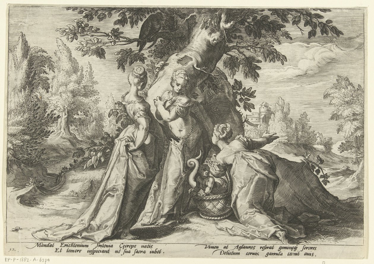 Cecrops döttrar öppnar Minervas korg Ovidius metamorfoser (serietitel) av Hendrick Goltzius (workshop of)