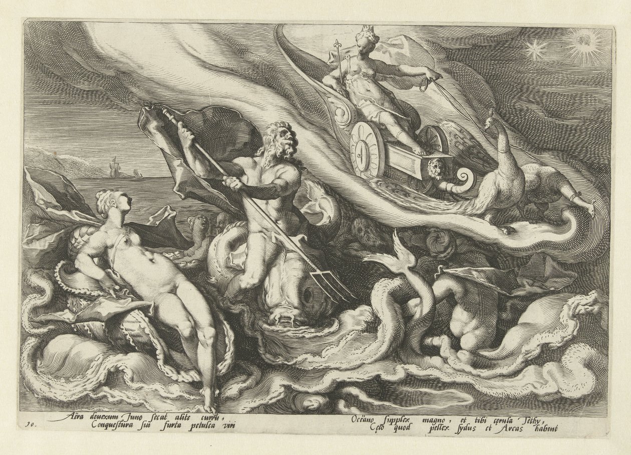 Juno klagar till Thetis och Oceanus Ovidius metamorfoser (serietitel) av Hendrick Goltzius (workshop of)