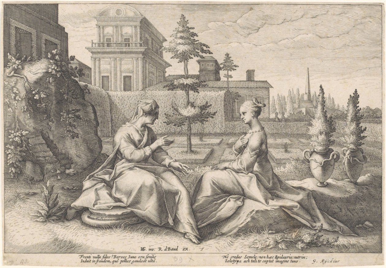 Juno närmar sig Semele i Beroes skepnad Metamorphoses of Ovid (serietitel) av Hendrick Goltzius (workshop of)