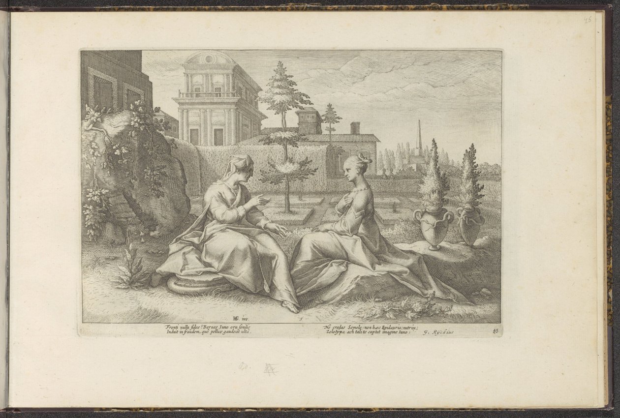 Juno närmar sig Semele i Beroes skepnad Ovidius metamorfoser (serietitel) Återskapanden av P. Ovidius Naso (serietitel) av Hendrick Goltzius (workshop of)