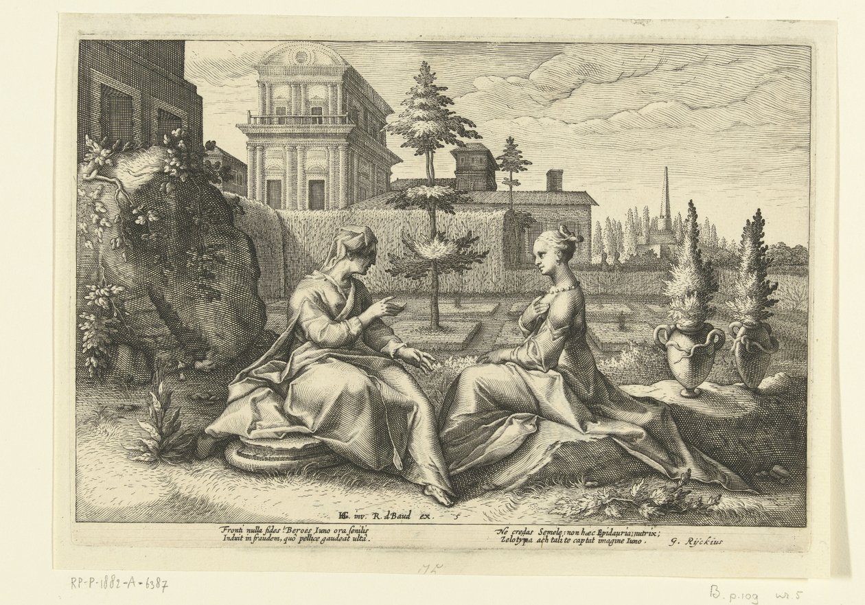 Juno närmar sig Semele i Beroes skepnad Ovidius metamorfoser (serietitel) av Hendrick Goltzius (workshop of)
