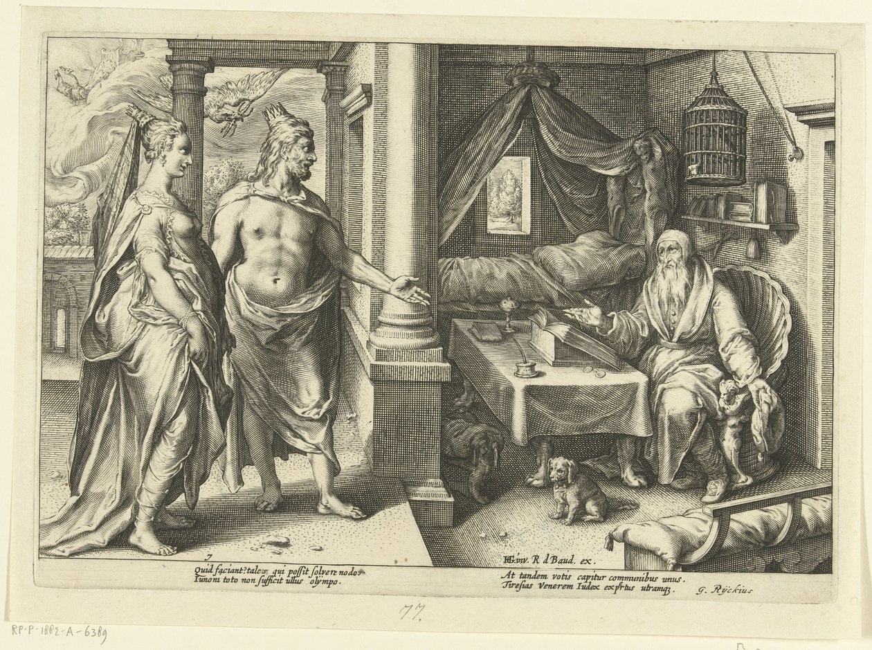 Juno och Jupiter konsulterar Tiresias Ovidius metamorfoser (serietitel) av Hendrick Goltzius (workshop of)