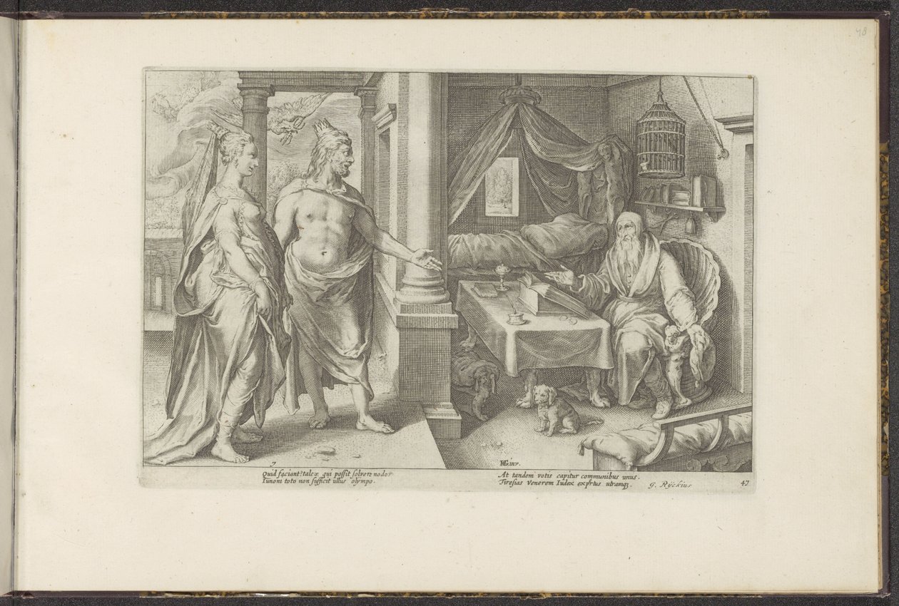 Juno och Jupiter frågar Tiresias om råd Ovidius metamorfoser (serietitel) Återskapanden av P. Ovidius Naso (serietitel) av Hendrick Goltzius (workshop of)