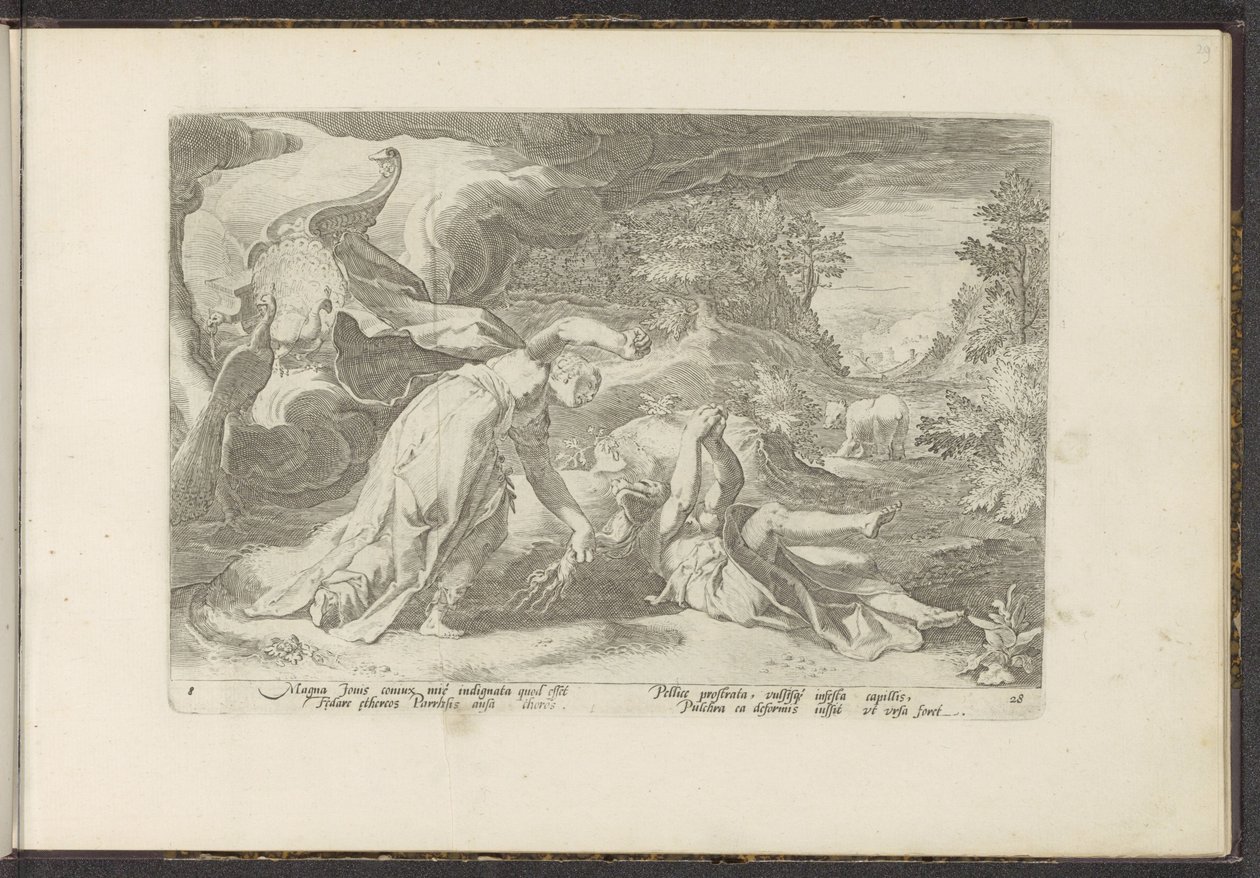 Juno förvandlar Callisto till en björn Ovidius metamorfoser (serietitel) Återskapanden av P. Ovidius Naso (serietitel) av Hendrick Goltzius (workshop of)
