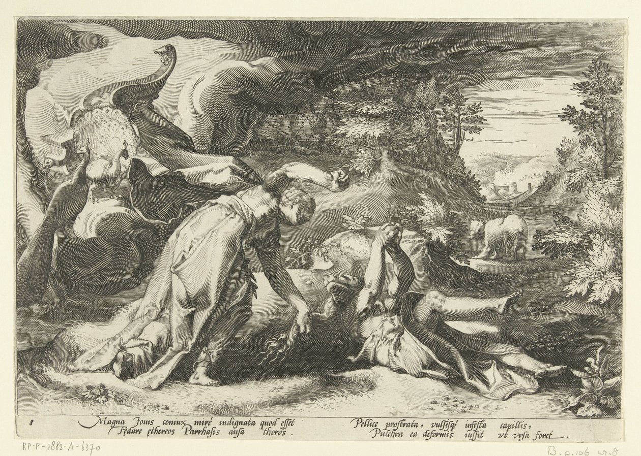 Juno förvandlar Callisto till en björn Ovidius metamorfoser (serietitel) av Hendrick Goltzius (workshop of)