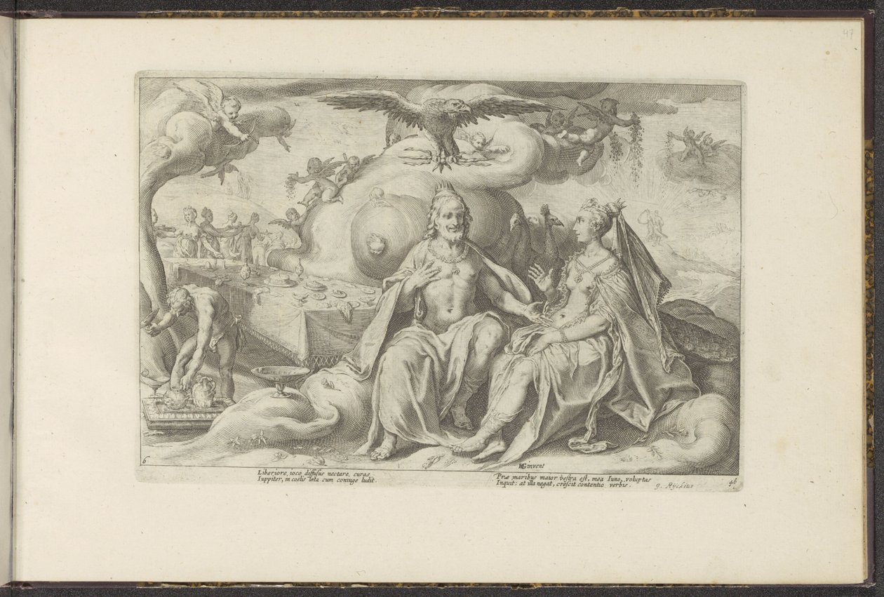 Jupiter och Juno diskuterar vilket av könen som har större kärlekslust Ovidius metamorfoser (serietitel) Återskapanden av P. Ovidius Naso (serietitel) av Hendrick Goltzius (workshop of)