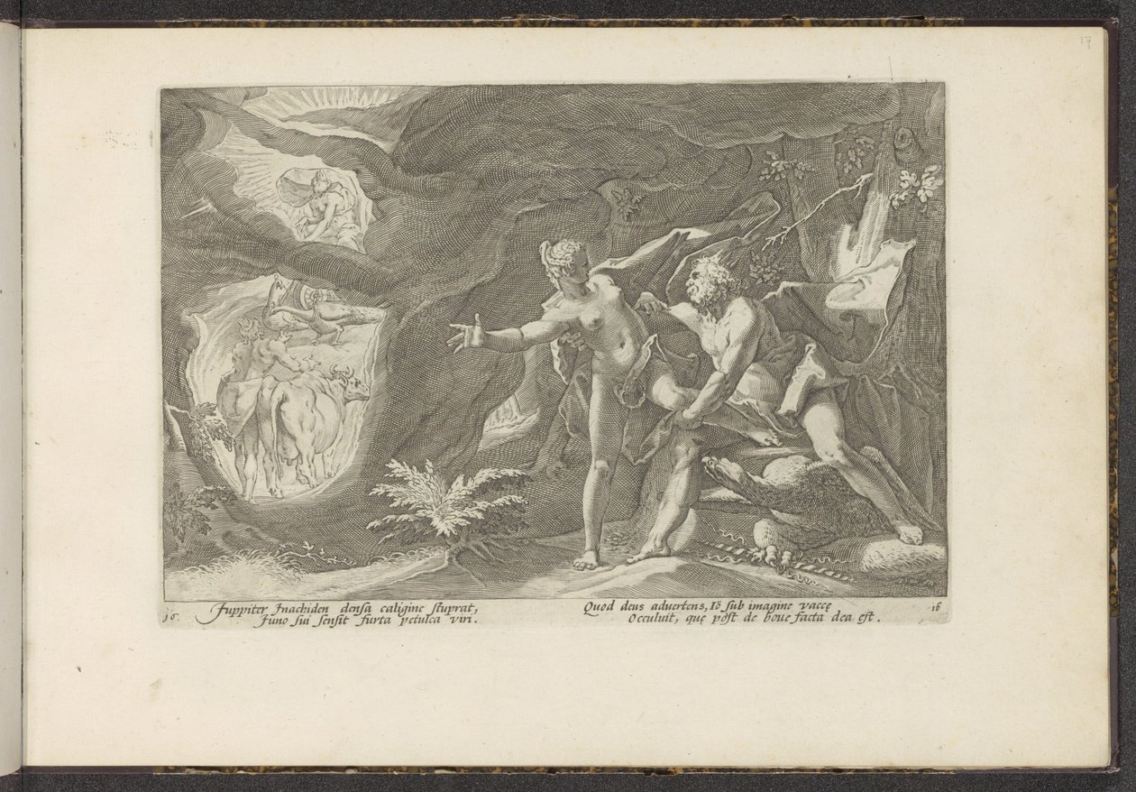 Jupiter anfaller Io Ovidius metamorfoser (serietitel) Återskapanden av P. Ovidius Naso (serietitel) av Hendrick Goltzius (workshop of)