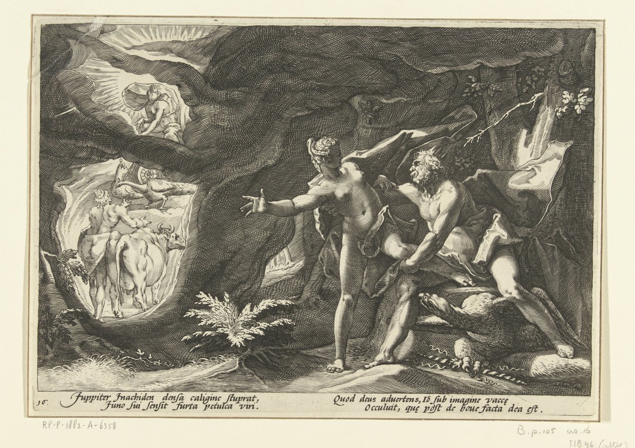 Jupiter anfaller Io Ovidius metamorfoser (serietitel) av Hendrick Goltzius (workshop of)