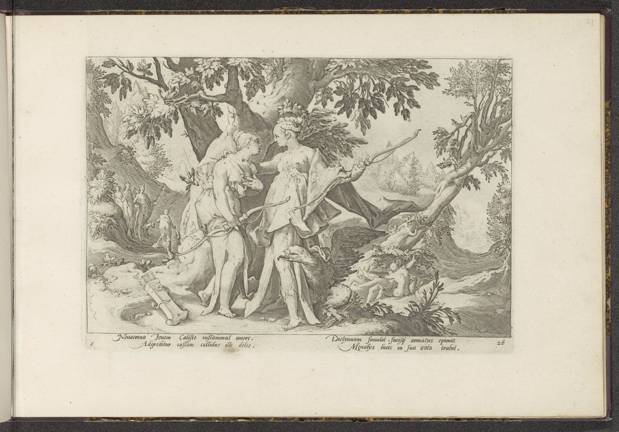 Jupiter förför Callisto i Dianas skepnad Ovidius metamorfoser (serietitel) Återskapanden av P. Ovidius Naso (serietitel) av Hendrick Goltzius (workshop of)