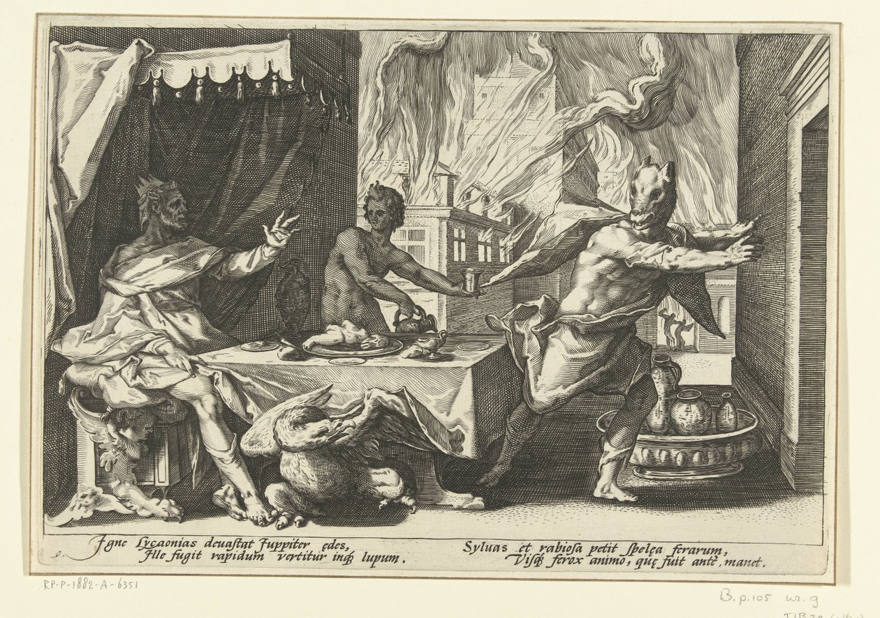 Lycaon förvandlas till en varg Ovidius metamorfoser (serietitel) av Hendrick Goltzius (workshop of)