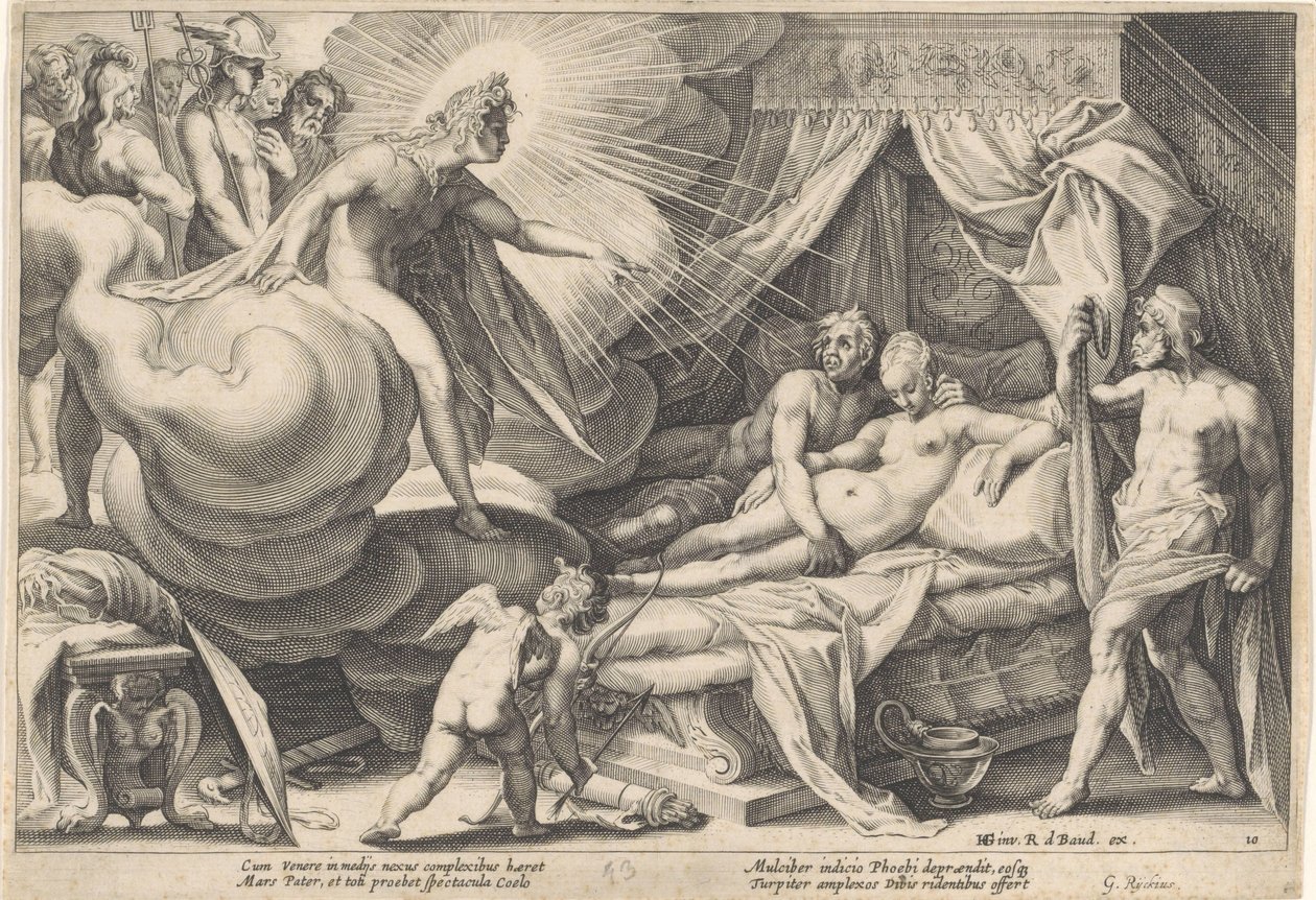 Mars och Venus överraskade av Apollo Metamorphoses of Ovid (serietitel) av Hendrick Goltzius (workshop of)