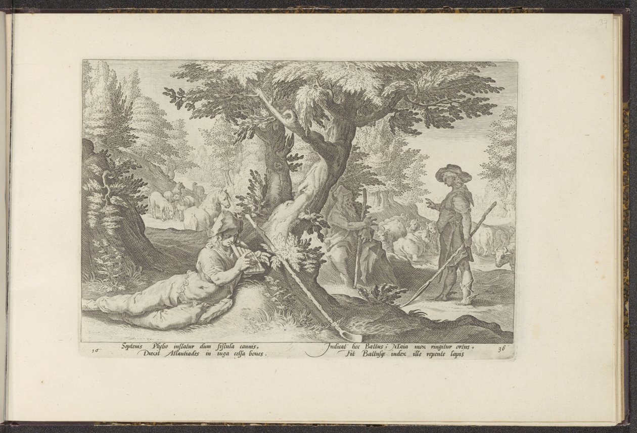 Mercury en Battus Ovidius Metamorfosen (serietitel) Herscheppingen van P. Ovidius Naso (serietitel) av Hendrick Goltzius (workshop of)