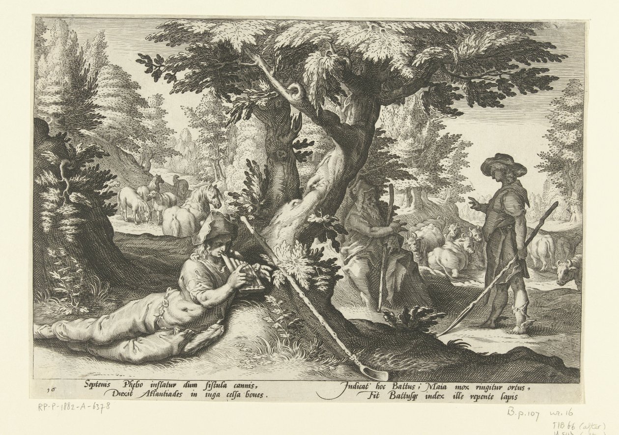 Mercury en Battus Ovidius Metamorfosen (serietitel) av Hendrick Goltzius (workshop of)