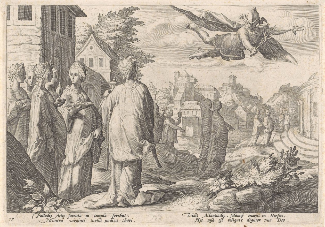 Mercurius en Herse Metamorfosen van Ovidius (serietitel) av Hendrick Goltzius (workshop of)