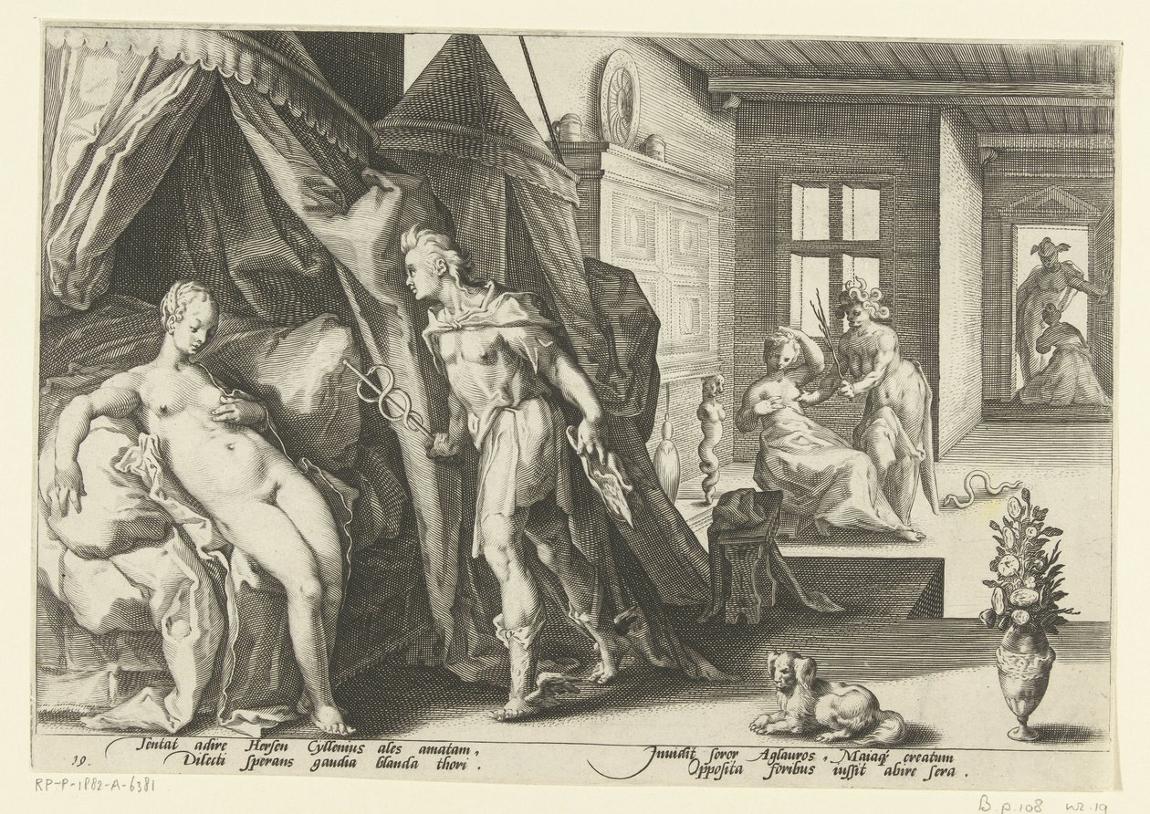 Mercurius i Herses kamera Ovidius metamorfoser (serietitel) av Hendrick Goltzius (workshop of)