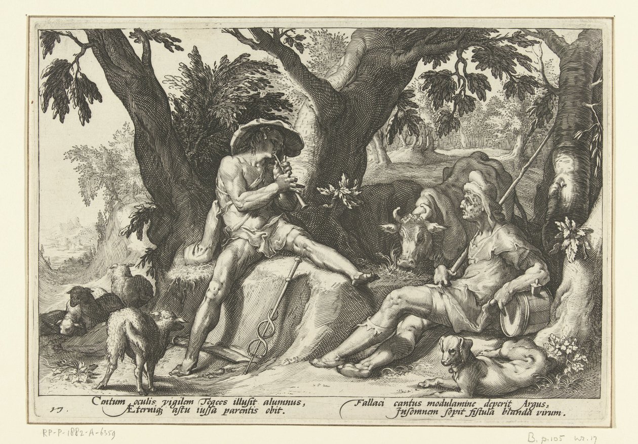 Mercury spelar flöjt för Argus Ovidius metamorfoser (serietitel) av Hendrick Goltzius (workshop of)