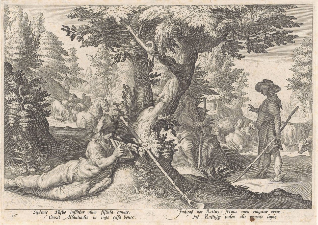 Merkurius förvandlar Battus till en sten Metamorphoses of Ovid (serietitel) av Hendrick Goltzius (workshop of)