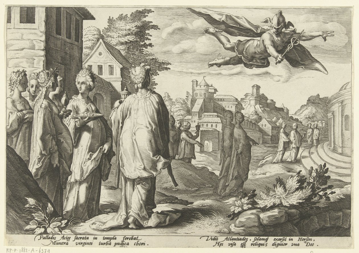 Mercury blir kär i Herse Ovidius metamorfoser (serietitel) av Hendrick Goltzius (workshop of)