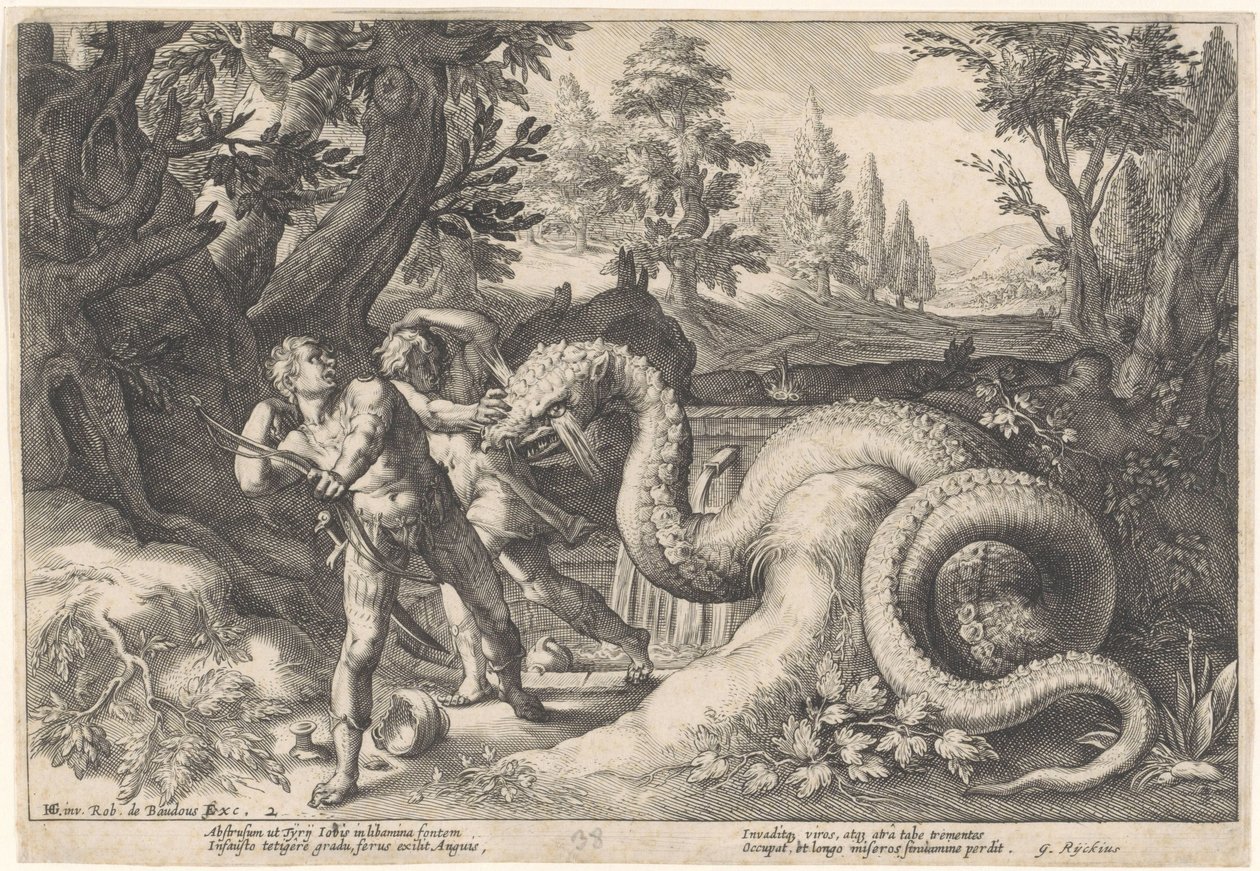 Kamrater till Cadmus slukade av en drake Ovidius metamorfoser (serietitel) av Hendrick Goltzius (workshop of)