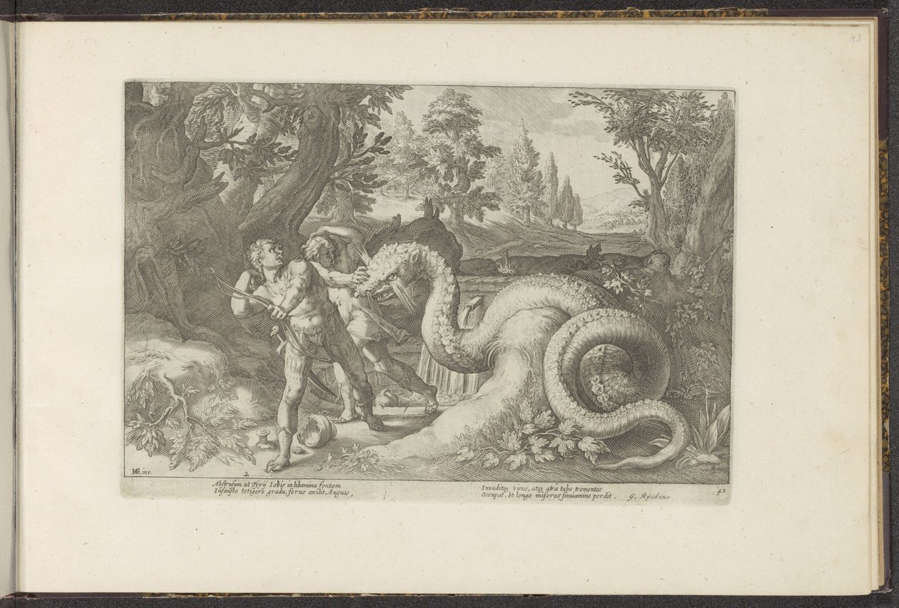 Kamrater till Cadmus slukade av en drake Ovidius metamorfoser (serietitel) Återskapanden av P. Ovidius Naso (serietitel) av Hendrick Goltzius (workshop of)