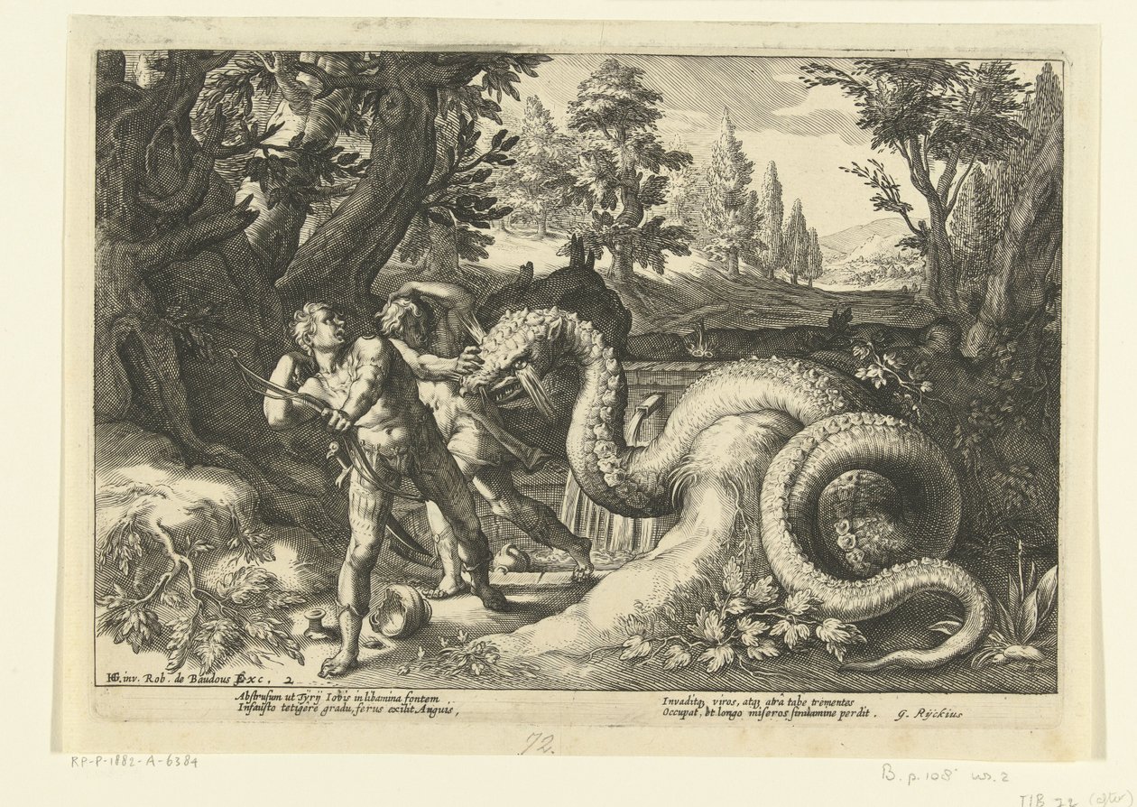 Kamrater till Cadmus slukade av en drake Ovidius metamorfoser (serietitel) av Hendrick Goltzius (workshop of)