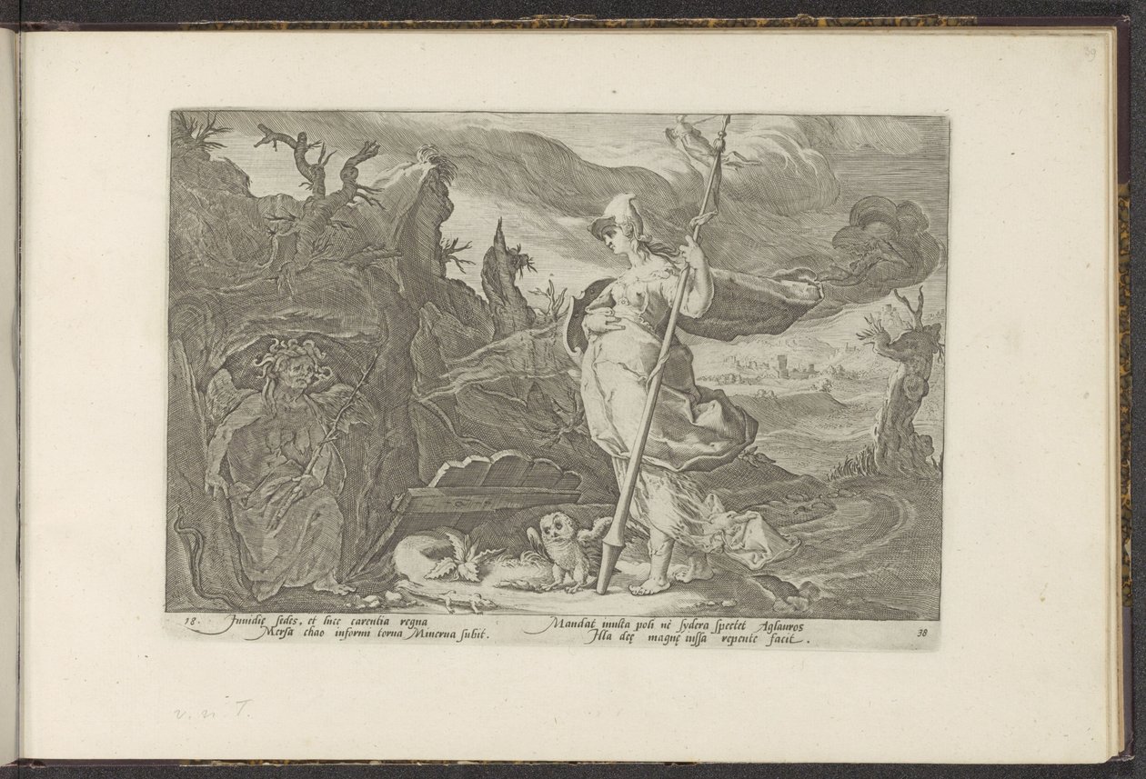 Minerva ber Envy att väcka svartsjuka i Aglauros Ovidius metamorfoser (serietitel) Rekreationer av P. Ovidius Naso (serietitel) av Hendrick Goltzius (workshop of)