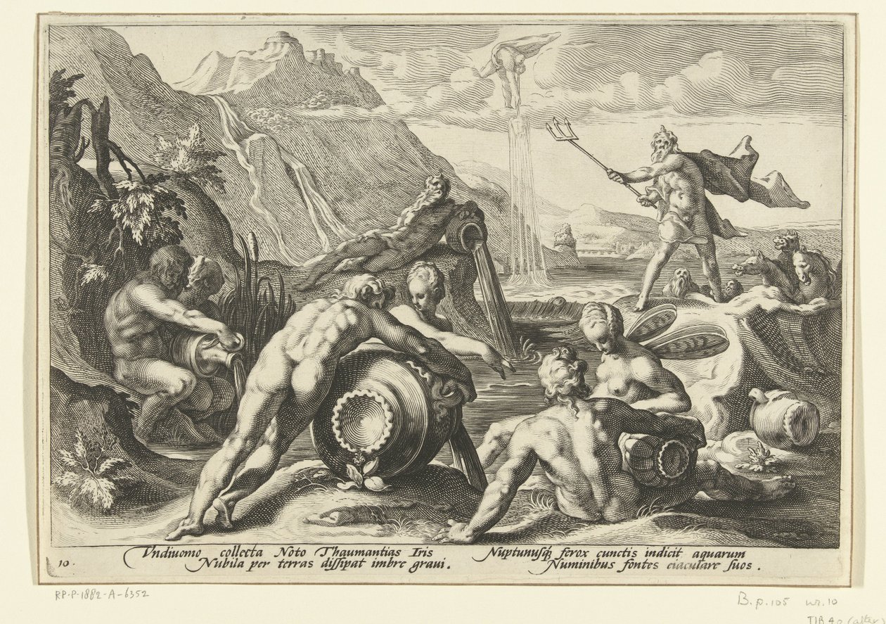 Neptunus och flodgudarna orsakar en syndaflod Ovidius metamorfoser (serietitel) av Hendrick Goltzius (workshop of)