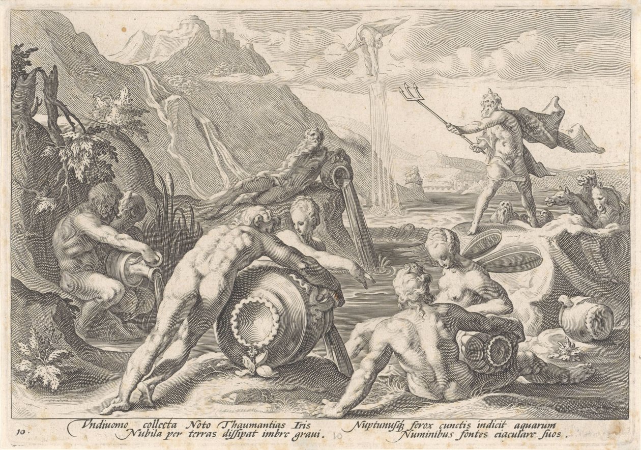 Neptunus beordrar flodgudarna att orsaka en översvämning Metamorphoses of Ovid (serietitel) av Hendrick Goltzius (workshop of)