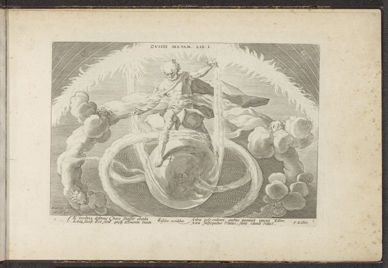 Ordning i kaoset Skapandet av de fyra elementen Ovidii Metam. lib. I (titel på objekt) Ovidius metamorfoser (serietitel) Återskapanden av P. Ovidius Naso (serietitel) av Hendrick Goltzius (workshop of)