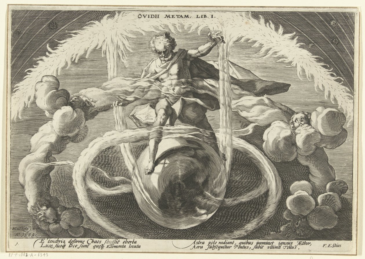 Ordning i kaoset Skapandet av de fyra elementen Ovidius metamorfoser (serietitel) av Hendrick Goltzius (workshop of)