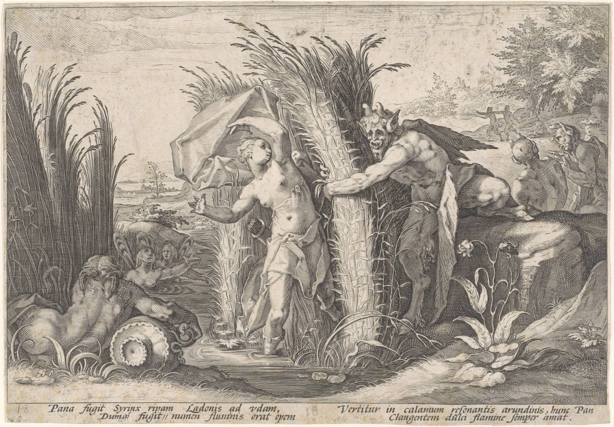 Pan en Syrigs Transformed van Ovid (serietitel) av Hendrick Goltzius (workshop of)