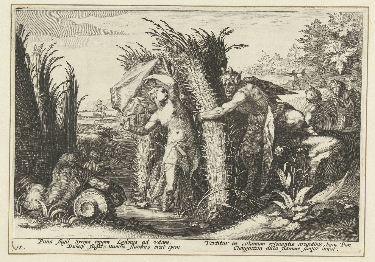 Pan en Syrigs Ovidius metamorfoser (serietitel) av Hendrick Goltzius (workshop of)