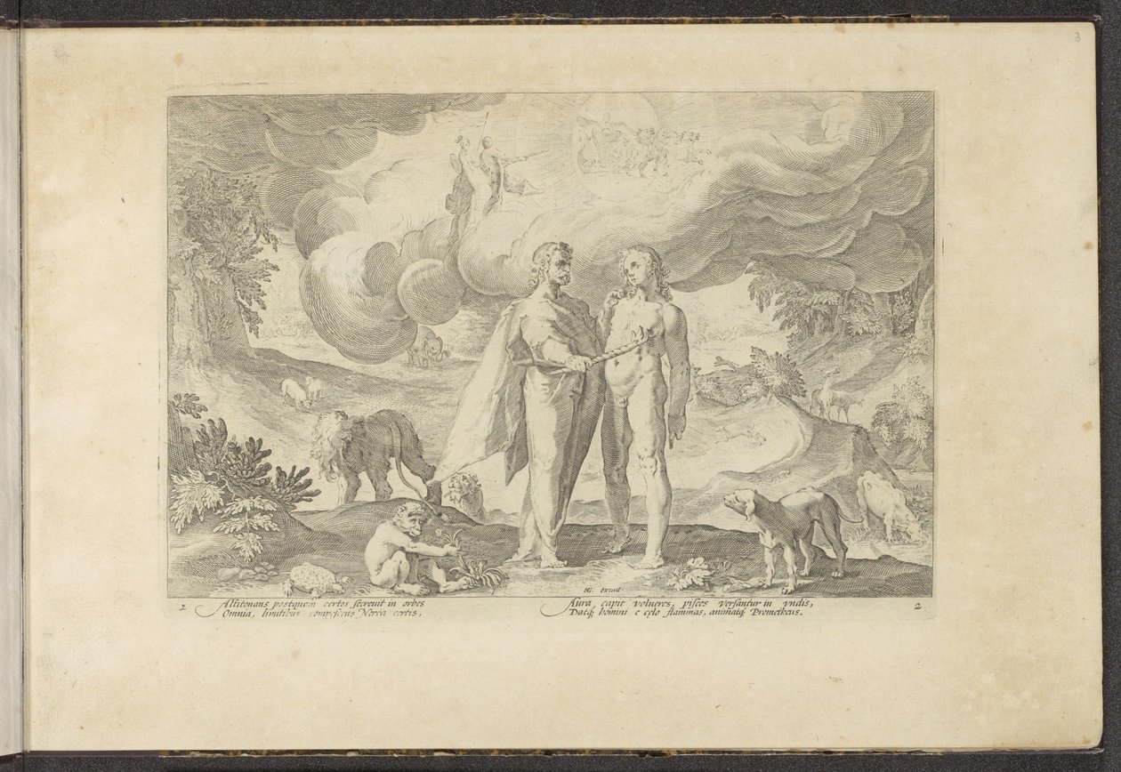 Prometheus ger människan eld Ovidius metamorfoser (serietitel) Återskapanden av P. Ovidius Naso (serietitel) av Hendrick Goltzius (workshop of)