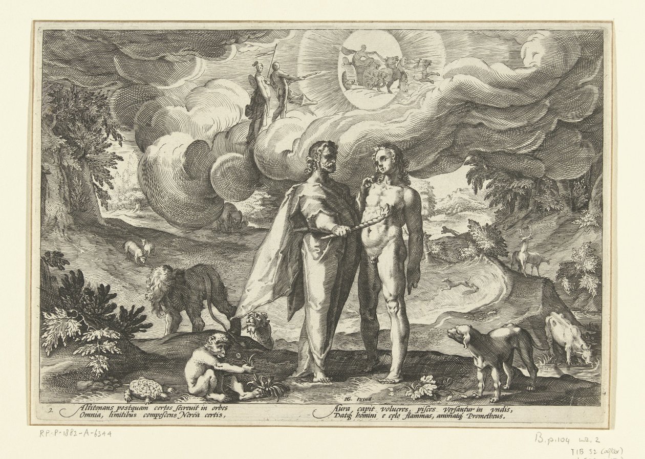 Prometheus ger människan eld Ovidius metamorfoser (serietitel) av Hendrick Goltzius (workshop of)