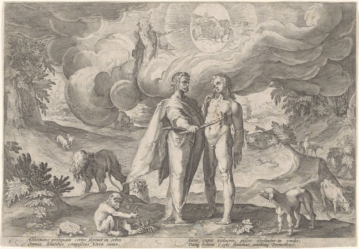 Prometheus skapar den första människan Metamorphoses of Ovid (serietitel) av Hendrick Goltzius (workshop of)