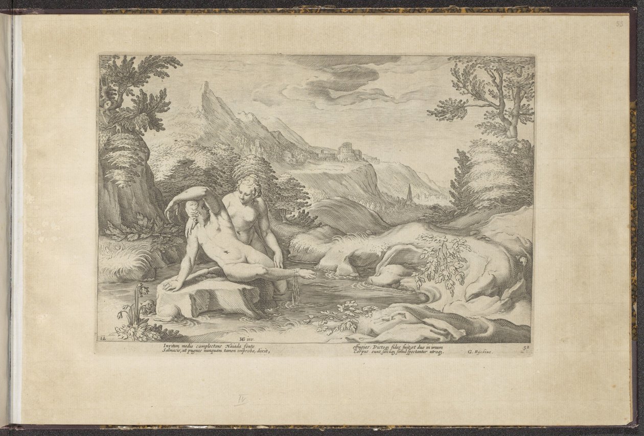 Salmacis och Hermafroditus Ovidius Metamorfosen (serietitel) Herscheppingen van P. Ovidius Naso (serietitel) av Hendrick Goltzius (workshop of)
