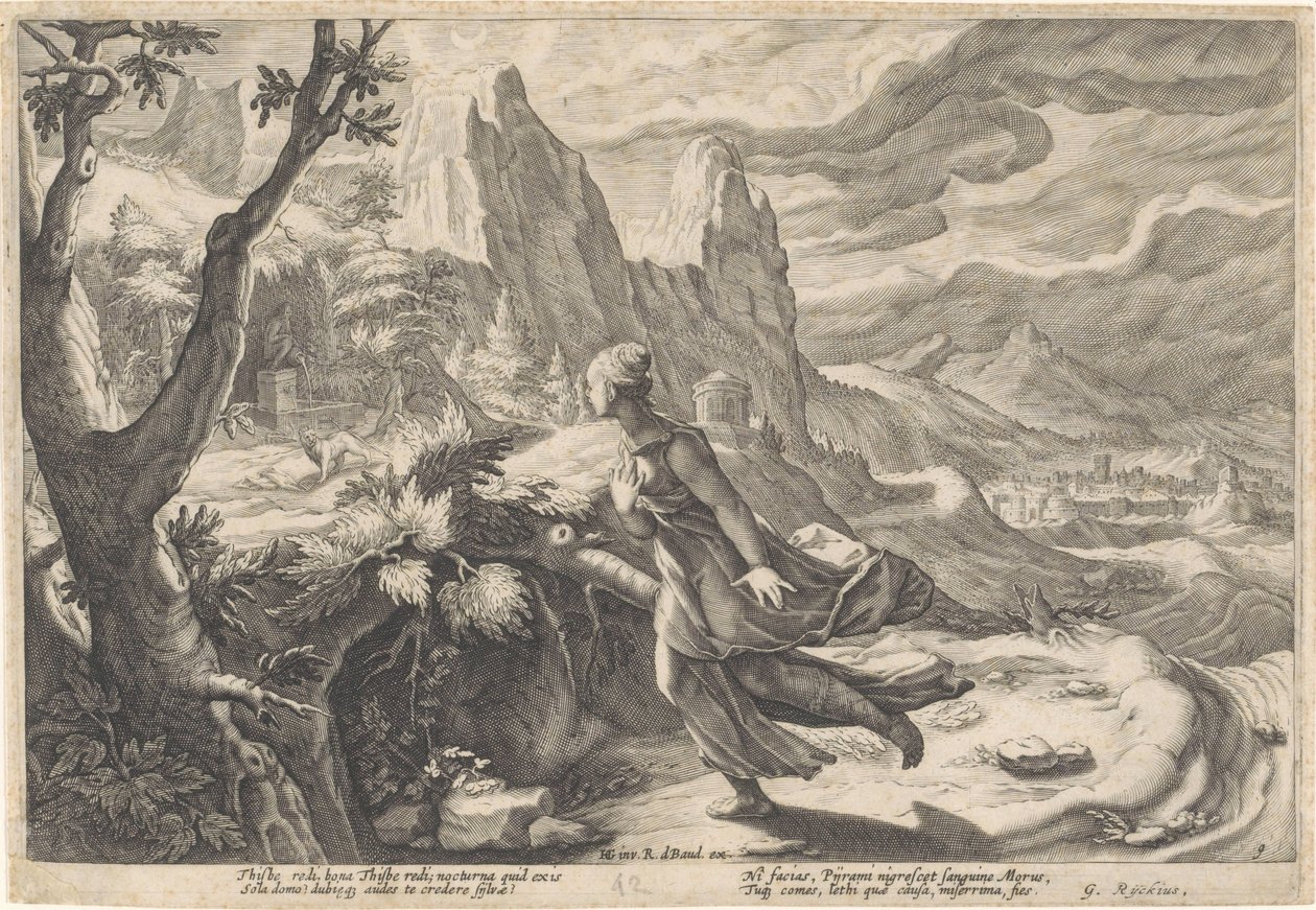 Thisbe flyr från lejoninnan Metamorphoses of Ovid (serietitel) av Hendrick Goltzius (workshop of)
