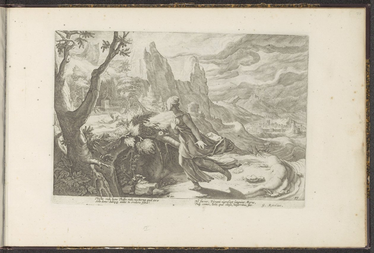Thisbe flyr från ett lejon Ovidius metamorfoser (serietitel) Återskapanden av P. Ovidius Naso (serietitel) av Hendrick Goltzius (workshop of)