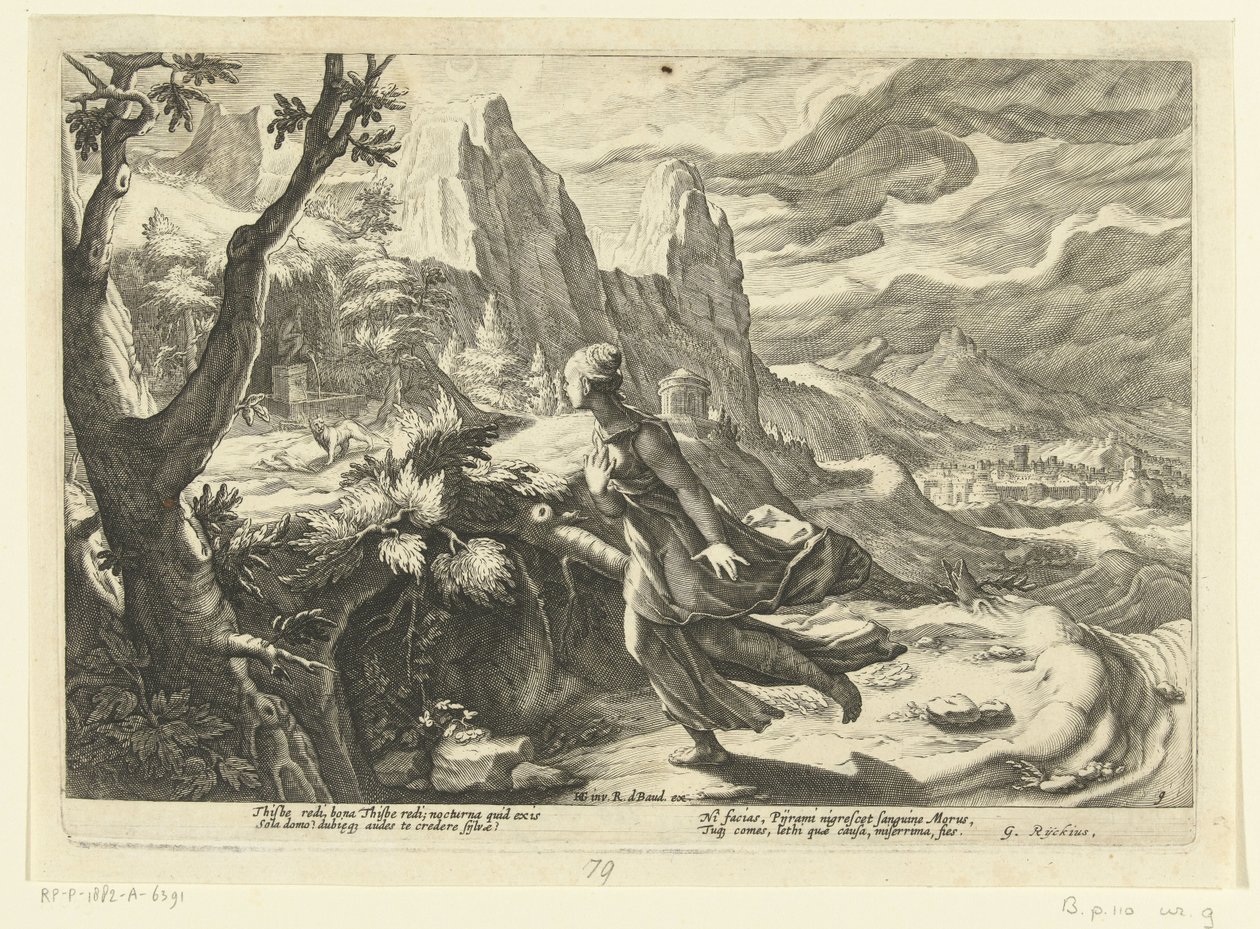 Thisbe flyr från ett lejon Ovidius metamorfoser (serietitel) av Hendrick Goltzius (workshop of)