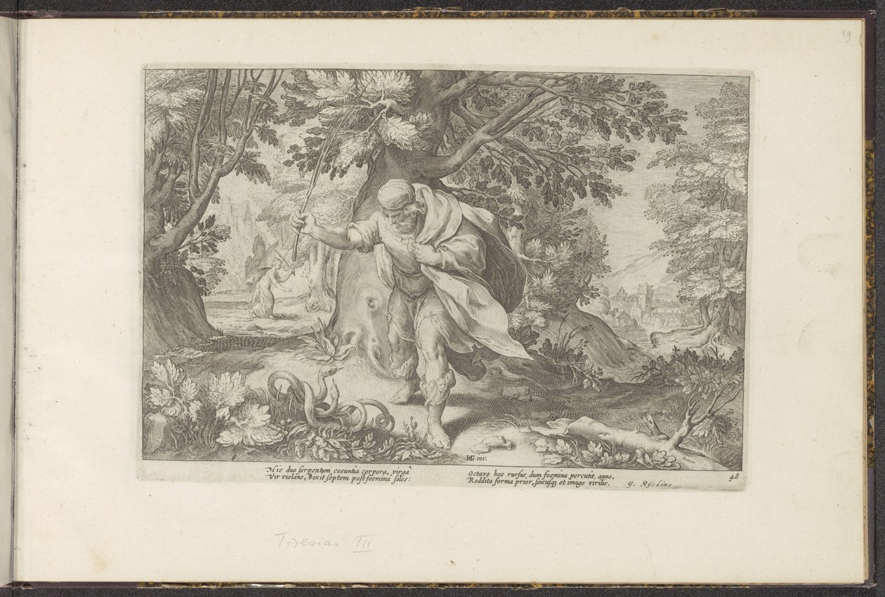 Tiiresias slår två parande ormar Ovidius metamorfoser (serietitel) Återskapanden av P. Ovidius Naso (serietitel) av Hendrick Goltzius (workshop of)