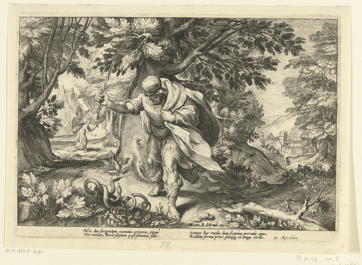Tiresias slår två parande ormar Ovidius metamorfoser (serietitel) av Hendrick Goltzius (workshop of)